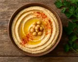 Cremiger Hummus in einer Schale, garniert mit Kichererbsen, Olivenöl und Paprikapulver. Ein gesunder Snack, der wenig Hummus Kalorien hat.