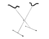 Zusammenklappbarer Gitarren-modellständer aus Metall mit gepolsterten Auflagearmen.