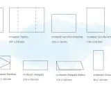 Diagrama de diferentes formatos y medidas de invitaciones de boda: clásica, tríptico, pasaporte, cuadrada, bandera, alargada, díptico, chocolate y acordeón.
