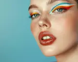 Ojo con delineado gráfico vibrante en tonos naranja, amarillo y azul. Labios rojos brillantes y pecas sutiles.