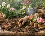 Maintenant, on plante des bulbes, peut-être une future fleur de ronce, dans la terre fertile. Des jeunes pousses émergent déjà.