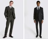 Two men in suits, showcasing options for what to wear to graduation male. One in a textured green suit, the other in a classic black suit.