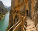 Un excursionista camina por las escaleras de Montfalcó, un sendero de madera que serpentea por un acantilado sobre un río turquesa.