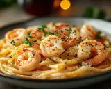 Pyszny makaron z krewetkami, posypany natką pietruszki i parmezanem, podany na talerzu.