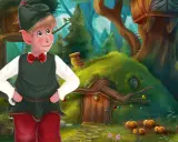 Elf w leśnej chatce, jak z bajki na telefonie. W tle drzewo z domkiem i dynie.