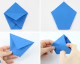 Schritt-für-Schritt-Anleitung zum **becher falten** aus blauem Papier. Hände formen die Origami-Schritte.