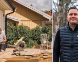 Man fixar altan med skruvdragare. Bredvid syns en man i väst med texten "Dryft".