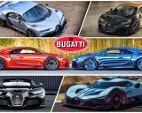Bugatti Chiron PS: Ein silberner, ein gold-schwarzer, ein roter und ein blauer Chiron stehen für pure Leistung. Unten ein schwarzer Chiron und ein futuristisches Rennauto.