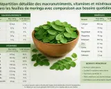Feuilles de moringa dans un bol, avec un tableau détaillant les macronutriments, vitamines, minéraux et les bienfaits principaux du moringa.