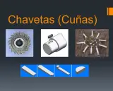 Diferentes tipos de chavetas y cuñas, incluyendo una rueda dentada, un eje con una chaveta insertada y varias chavetas sueltas.