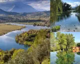 Paesaggio incantevole del lago di Posta Fibreno, con montagne sullo sfondo, un fiume serpeggiante e un antico mulino rosso riflesso nelle acque cristalline.