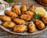 Mejillones tigre gallegos gratinados, listos para disfrutar. Una deliciosa receta gallega.