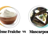 Crème fraîche on the left, mascarpone on a slice of bread with olives on the right.