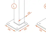 Diagrama muestra pilares S, M, L, XL con dimensiones de base y altura. La distancia entre pilares varía según el tamaño.