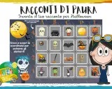 Un gioco per creare storie paurose di Halloween con personaggi spaventosi, zucche e pipistrelli.