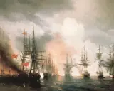 Bitwa morska z dymem i ogniem, symbolizująca przyczyny i skutki wojny krymskiej. Żaglowce walczą na wzburzonym morzu.
