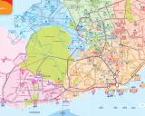 Karte des Nahverkehrs Lissabon mit Linien und Haltestellen. Zeigt Metro, Busse und Züge.