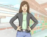 Donna con giacca e camicia, pronta a cambiare look. Sfondo con libreria e edificio moderno.