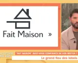Logo "Fait Maison" sur un fond blanc, avec un homme à droite. Le débat porte sur la cuisine faite maison et la confiance dans les restaurants.