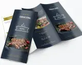 Ulotka składana na 3 szablon restauracji "Smaczna" z apetycznymi zdjęciami żeberek i dania mięsnego.