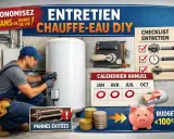 Un technicien effectue l'entretien d'un chauffe-eau. Un calendrier et une liste de contrôle suggèrent un entretien régulier pour éviter les pannes et économiser.
