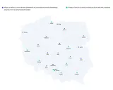 Mapa Polski z zaznaczonymi miastami, gdzie uczelnie medyczne w Polsce prowadzą studia lub otrzymały pozwolenie.