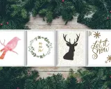 Cztery grafiki świąteczne: różowy ptak, wianek z napisem "Ho Ho Ho!", sylwetka jelenia i napis "Let it Snow" ozdobione płatkami śniegu.
