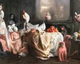 Guillermo Lorca malt eine surreale Szene mit Frauen, Affen, einem Hahn, einem Flamingo und einem toten Reh.