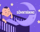 Söt sovrutin bebis i spjälsäng under en måne med texten "Sömnträning". Stjärnor lyser på natthimlen.