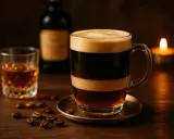 Un delicioso café con licor, con capas de crema y café oscuro, junto a un vaso de whisky y granos de café.