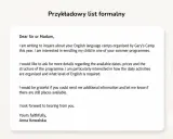 Przykładowy list formalny pokazuje, jak napisać list po angielsku do obozu Gary's Camp, pytając o szczegóły programu.