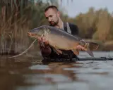 Wędkarz trzyma w rękach okazałego karpia na tle trzcinowiska nad jeziorem. Łąki w oddali.