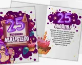 Wesołe kartki z życzeniami na 25 urodziny: fioletowe balony, tort i dziewczyna z drinkiem.
