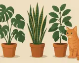 Pomarańczowy kot siedzi obok doniczek z roślinami: monstera, sansewieria i fikusa.