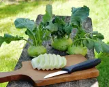 Frisch geernteter Kohlrabi liegt auf einem Holztisch. Ein Teil ist bereits geschnitten, bereit zum Kohlrabi blanchieren.