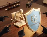 Man at keyboard surrounded by accusing fingers, shield with scales of justice. Denuncia per mobbing cosa si rischia.