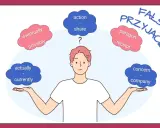 Młody człowiek zastanawia się nad słowami: "action", "share", "concern", "company", "paragon", "receipt", "eventually", "possibly", "actually", "currently". Tytuł: "FAŁSZYWI PRZYJACIELE".