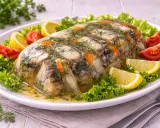 Ein festlich angerichteter Aal in Aspik, garniert mit Zitrone, Tomaten und Salat.