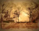 Monochrome art depicts bare trees in a hazy, sepia-toned landscape. A low, dark structure sits in the middle ground.
