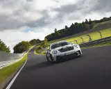Biały Porsche 911 GT3 RS z czarnymi akcentami pędzi po torze wyścigowym wśród zielonych wzgórz i chmur.