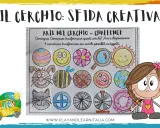 Attività di didattica multimediale: disegni creativi di cerchi trasformati in oggetti, come un sole sorridente, un gatto e un'ape.