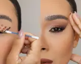 Tutorial: ombretto come metterlo. Un occhio con base e puntini marroni, l'altro con trucco sfumato e ciglia finte.