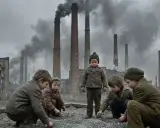 Dzieci bawią się na tle dymiących kominów huty Szopienice. Trudno oszacować, ile dzieci zmarło z powodu zanieczyszczeń.