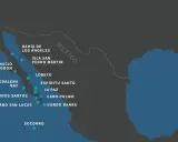 Mapa pokazuje miejsca na Półwyspie Kalifornijskim, które warto odwiedzić, kiedy do Meksyku.