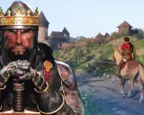 König mit Krone und Rüstung, im Hintergrund eine Burg und ein Reiter. Ein Bild aus mittelalterlichen Spielen.