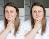 Kobieta z piegami i delikatnym uśmiechem, dotykająca podbródka. Włosy opadają na ramiona, a nasada włosów jest widoczna.