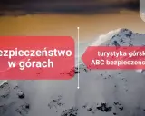 Górskie krajobrazy i tekst: "Bezpieczeństwo w górach" oraz "turystyka górska ABC bezpieczeństwa". Logo Climbe.