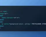 Kod HTML strony z tekstem "PRZYKŁADOWA STRONA" w duża czcionka na żółtym tle.
