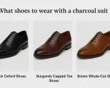 Three pairs of dress shoes: black oxfords, burgundy capped toes, and brown whole-cuts, perfect for a charcoal suit.