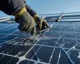 Mains gantées inspectent un panneau solaire cassé, les éclats de verre brillant sous le soleil.
